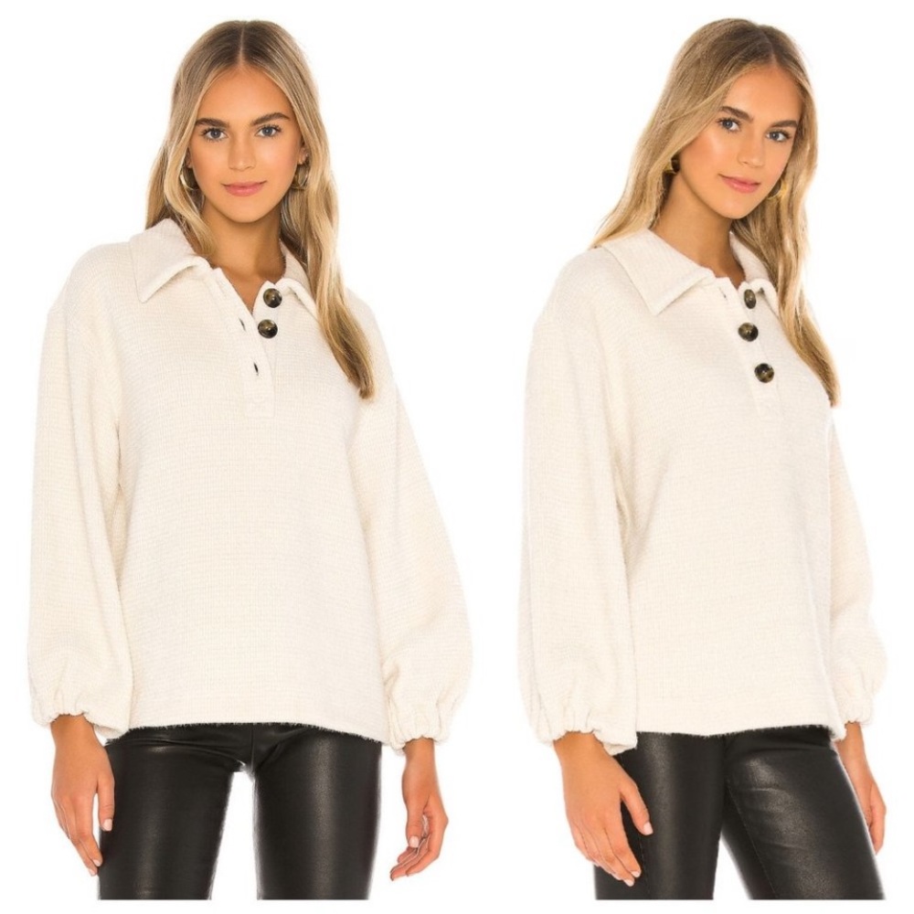 LPA Revolve Rosabel Chenille Metallic Lurex Ivory Half Button
Sweater Size L.